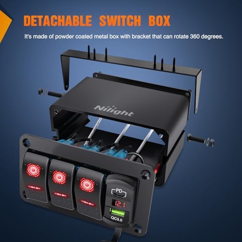 Nilight 3 Gang Rocker Switch Box 12V SPST ON Off Toggle Switches PD Type C and QC 3.0 USB Charger Voltmeter LED Light Waterproof Aluminum Mount Bracket Panel DIY Stickers for Boat Car RV Truck