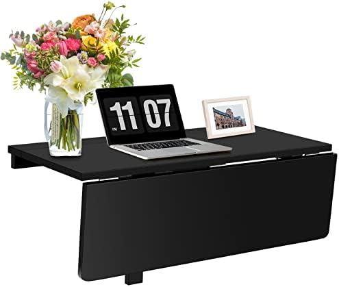 COSTWAY Wall Mounted Folding Table, 31.5" x 23.5" Drop-Leaf Floating Writing Desk for Small Spaces, Space-Saving Fold Down Laptop Workstation for Kitchen, Bedroom, Laundry Room, Study Room (Black)