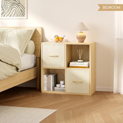 EXPERLAM 4 Cube Storage Organizer - Solid Wood Bookshelf with 2 Storage Bins, Cube Shelf with 2 Removable Back Panels, Vertical or Horizontal Bookcase, Open Book Shelf for Bedroom, Living Room, Office