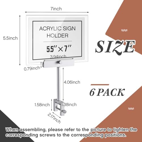 FoldTier 6 Set 5.5 x 7 Inch Clothing Rack Sign Holder Aluminum Alloy Retail Sign Holder with Clamp Acrylic Frame for Retail Stores Price Card Display(Silver)