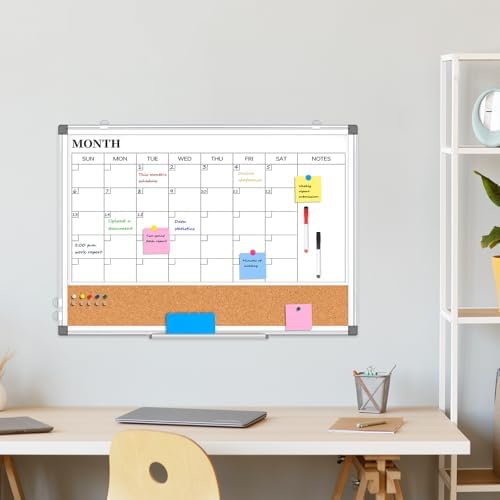 Dry Erase Calendar Whiteboard for Wall, 24" x 18" Monthly Cork White Board