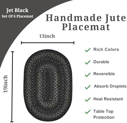 Homespice Jet Black Jute Braided Placemats, Oval 13x19 Set of 6