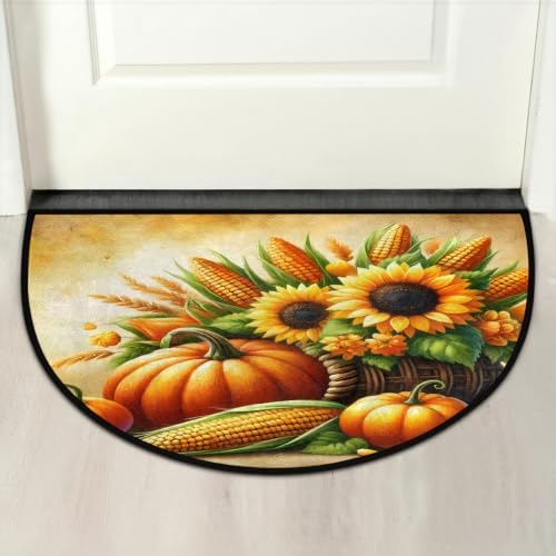 Sunflower Pumpkin Half Round Door Mat Non Slip Washable Semi Circle Area Rug Absorbent Soft Half Moon Rug Floor Mat for Indoor Outdoor Kitchen Bathroom Patio Front Door Mat Decor
