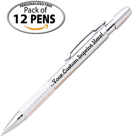 Express Pencils Personalized Ballpoint Pens Click action Custom Black writing ink - The Sleeker - Full color Printed Name Pens with Your Logo/Text/Message FREE PERSONALIZATION - 12 Qty (Silver)