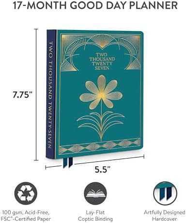 Orange Circle Studio Gilded Elegance 2027 Good Day Monthly Planner 17-Month Hardcover, 5.5" x 7.75", Lay-Flat Coptic Binding,100 GSM Acid-Free Paper, Monthly Calendar, Dot Grid Notes, Desk Planner Set