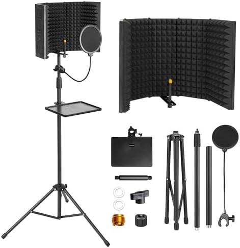 Microphone Isolation Shield, Foam Protection with Pop Filter, Tripod Stand, Foldable Design