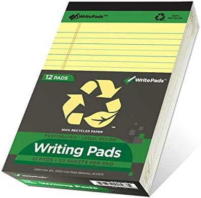 KAISA Yellow Legal Pads 12Pads 600 Sheets Writing Pads Recycled Paper 5"x8" Norrow Ruled Lined Paper Small Legal pad Perforated 50 sheets/pad Notepads Writing Tablet Canary For Office Supplies (Canary 12pads)