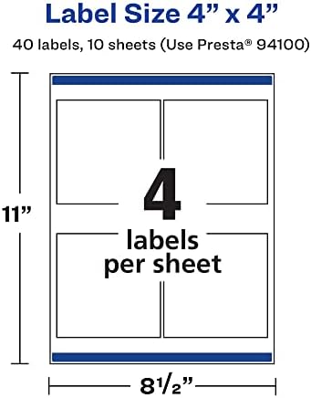 Avery Printable Durable White Square Labels, Sure Feed Technology, 4" x 4", Waterproof Labels, Laser & Pigment-Based Inkjet Compatible, 40 Total, Great for Product Branding, Marketing, and More