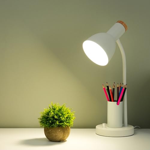 Desk Lamp with Pen Holder, Green, Wood Accent, Adjustable Gooseneck, Modern Study Light (Green)