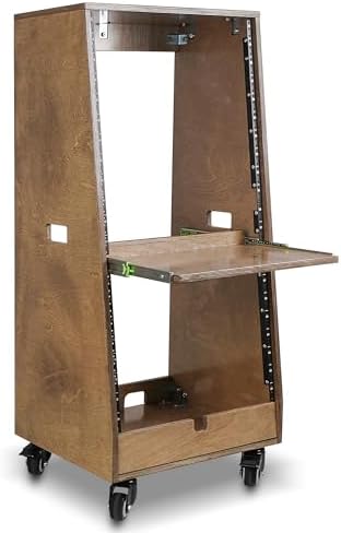 Sound Town DIY Slanted 20U Studio Rack (12U Top + 8U Lower), with 2U Bottom Storage, Slide-Out Tray, Caster, Plywood, Weathered Brown for Recording Room, Home Studio (SDRK-ST20TB)