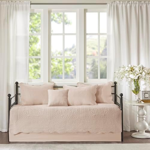 Madison Park Daybed Cover Set-Trendy Damask Quilting with Scalloped Edges All Season Luxury Bedding with Bedskirt, Matching Shams, Decorative Pillow, 75"x39", Tuscany Blush, 6 Piece | All Season, Pre-Washed Cotton-Filled Coastal Bedding with Scallop Ed...