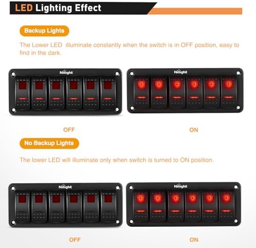 Nilight 6 Gang Rocker Switch Panel SPST On Off 5PIN Electrical Toggle Red