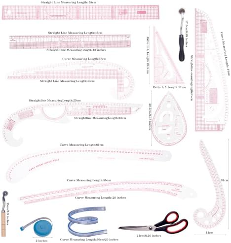 Acrylic Sewing Ruler Set，French Curve Pattern Rulers Kit for Tailors Designers Precision Pattern Making Guides Quilting and DIY Supplies (Ruler Set 4-15Pcs)