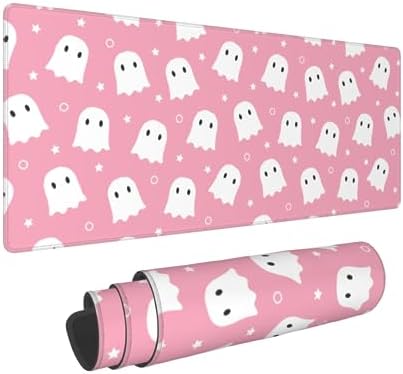 Pink Cute Ghost Mouse Pad XL 31.5 X 11.8 Inch Halloween Kawaii Spooky Funny Design Gaming Mousepad Extended Large Laptop Keyboard Desk Mat Non-Slip Rubber Base Stitched Edges for Home Office