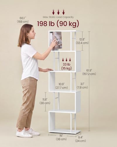 VASAGLE 6-Tier Book Shelf, S-Shaped Tall Display Shelf for Living Room | Bookcase Book Shelf, Tall Narrow Display Shelf Storage, Cloud White and Matte White, BARNET Collection ULLS172KD01