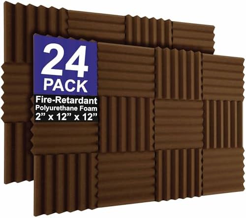 Foam Factory Inc 24 Pack Color Acoustic Foam Panel Studio Soundproofing Wedge Wall Tiles 12” X 12” X 2” (Brown)