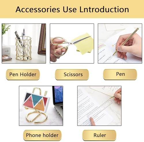 suniya Office Supplies,Gold Desk Accessories,with Stapler,Tape Dispenser,Pen Holder,Scissors,Phone Stand,Staple Remover,Ballpoint Pen,Clear Tape, Staples,Ruler,Clips,Best Gift for Business or Boss