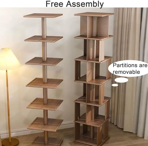 GAMAK Rotating Bookshelf Kids 360 Display 3-4 Tier Revolving Bookcase with Brake Wheels Floor Standing Bookcase Narrow Bookshelf for Small Spaces Natural Wood (Color : Walnut, Size : Moving_Four)