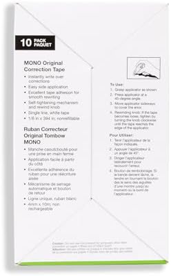 Tombow 68720 MONO Original Correction Tape, 10-Pack. Easy To Use Applicator for Instant Corrections, White, 10 Count (Pack of 1)