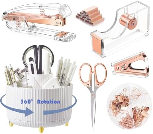 Gawsey Rose Gold Desk Organizers and Accessories with Desk Organizer 360° Rotating Pen Holder and Office Supplies, Cute Stationery Supplies Set