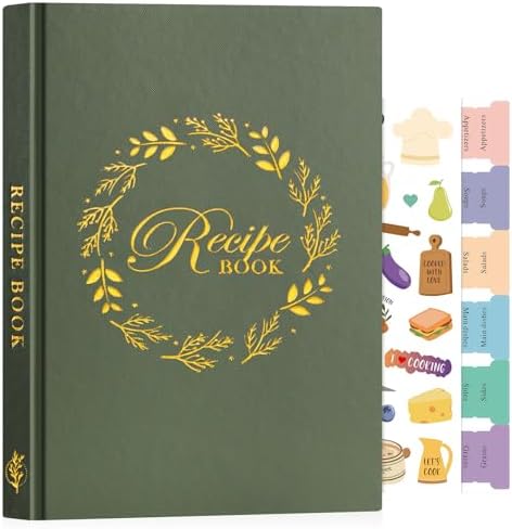 Lanpn B5 Blank Recipe Book Cookbook to Write in Your Own Recipes, Leather Cover Waterproof Empty Cooking Journal for 70 Recipes, Recipe Notebook with Stickers to Organize Your Family Recipes, Green