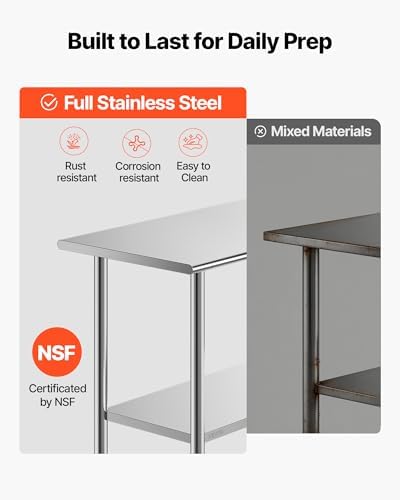 VEVOR Stainless Steel Work Table, 24x48 Inch Food Prep Table, Commercial Kitchen Workstation with Adjustable Undershelf, Metal Heavy Duty Utility Worktable, for Restaurant Home Hotel Garage Outdoor