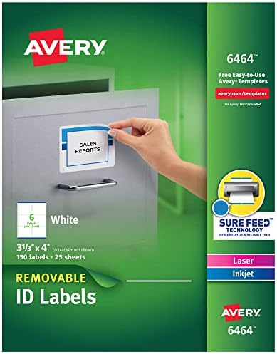 Avery Removable ID Labels, Sure Feed Technology, Removable Adhesive, 3-1/3" x 4", 5 Packs (6464)