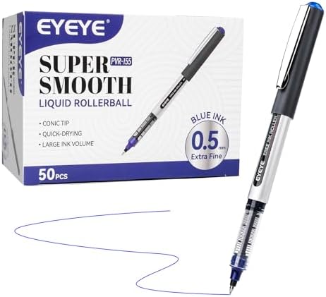 EYEYE Blue Rollerball Pens 50 Pack, 0.5mm Extra Fine Point Roller Ball Pen | Back to School Essential, Quick Drying, Liquid Ink Pens Fine Point Smooth Writing Pen for Journaling, Office Supplies