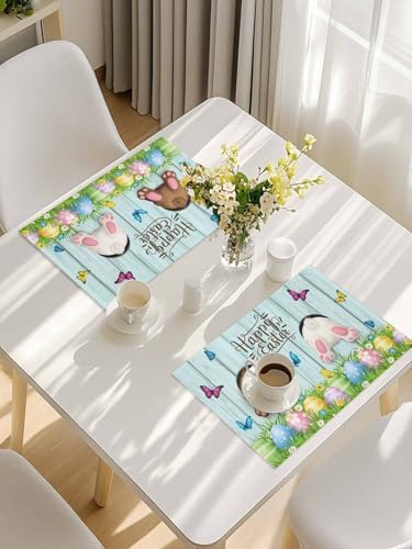 Spring Easter Placemats Set of 4, Funny Bunny Tails Rabbit Heat Resistant Washable Dining Table Mats Floral Farmhouse Decor for Kitchen&Table Linens Outdoor IndoorOutdoor Indoor