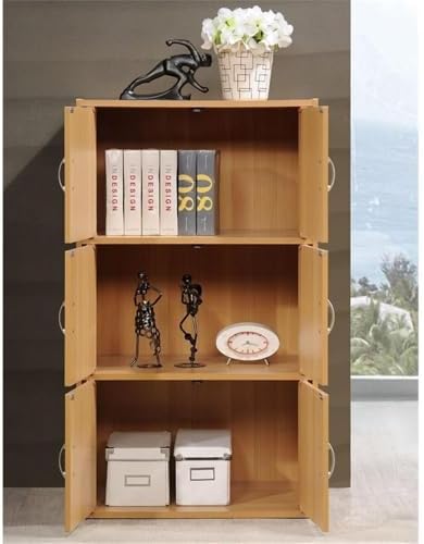 Pemberly Row 3 Shelf Bookcase, 41 in H x 23.4 in W x 15.5 in D, Beech Finish, 6 Door Storage, Slim Multi-Purpose Design, Versatile Home or Office Organizer for Bedroom, Kitchen, or Laundry Room