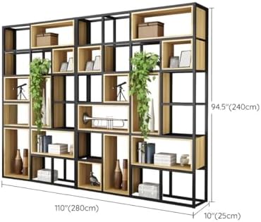 Wood Industrial Cube Bookcase with Shelves & Open Back Iron Bookshelf Floor Steel & Wood Shelf Multi-Layer Shelf Storage Rack Office Partition Display Rack Natural 110.2" L x 9.8" W x 94.5" H