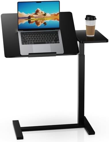Simple Deluxe Standing Rolling Desk with Hidden Casters, Height Adjustable Pneumatic Mobile Laptop Desk, Tilting Bedside Table for Laptop, Overbed Bedside Table Hospital Home Use, Black