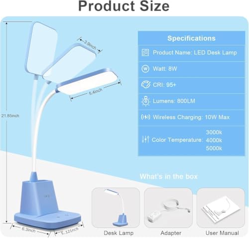 LED Desk Lamp with 10W Wireless Charging & Pen Holder, Blue