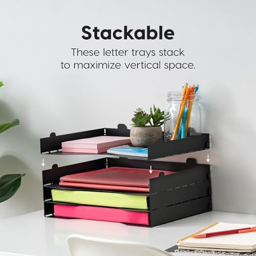 IRIS USA 4-Pack Stackable Metal Letter Tray Organizer, Black | Organize classroom papers, assignments and teaching materials with stackable trays for teachers, schools and educators
