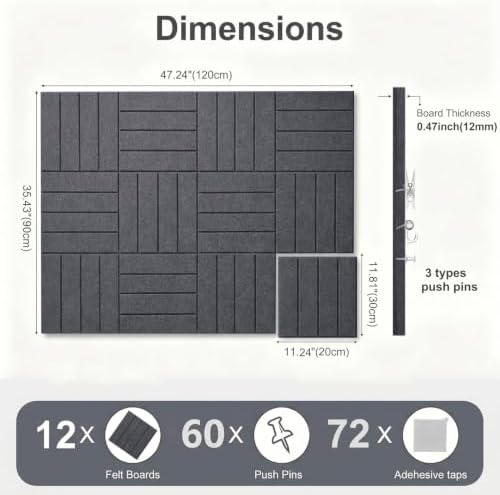 0.47" Thick Felt Wall Tiles 48"x36" Cork Board Alternative 12Pack 11.81"x11.81"Felt Bulletin Board Pin Board with Removable Adhesive tape&60 Pushpins for Home Office School(Bold-Charcoal Grey)