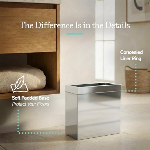 Gatco Small Bathroom Trash Can with Lid, Rectangle 3 Gallon Stainless Steel Wastebasket, Under Sink, Chrome, for Bathroom, Bedroom, Office (1916)
