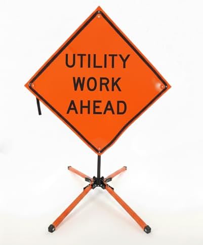Traffic Roll-Up Sign Kit with Stand – Collapsible Safety Sign & Heavy-Duty Portable Stand, High Visibility, Easy Setup (Utility Work Ahead, Non-reflective)