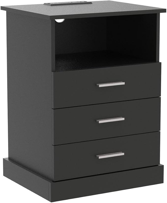 Halitaa Black LED Nightstand with Charging Station, Side Table with 3 Drawers and Light, End Table with Open Storage, Beside Cabinet for Bedroom (Black)