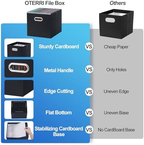 Oterri Portable Collapsible Cardboard File Box with Handle for Letter-Size | 1-Pack. Stainless Steel Handle. Label Stickers Included. Fits Letter Folders (Not Included). Home, Office, School, Dorm, Tax.
