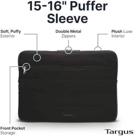 Targus 15–16 Inch Puffer Laptop Sleeve, Lightweight Protective Sleeve with Plush Interior, Front Accessory Pocket, Double Zippers, Slim & Stylish Design, Black TBS975GL