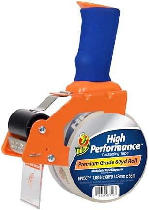 Duck High Performance Clear Packing Tape with BladeSafe Dispenser – Tape Gun with HP260 Strong Packaging Tape for Shipping, Moving, Mailing & Boxes - 3" Core, 1.88 Inch x 60 Yards, Clear (1078566)
