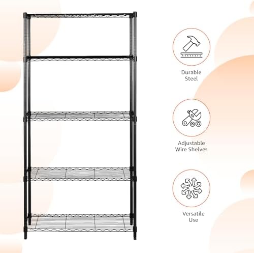 Amazon Basics 5-Shelf Adjustable Heavy Duty Steel Wire Storage Shelves for Garage, Kitchen, Easy Assembly, 36" x 14" x 72", Black