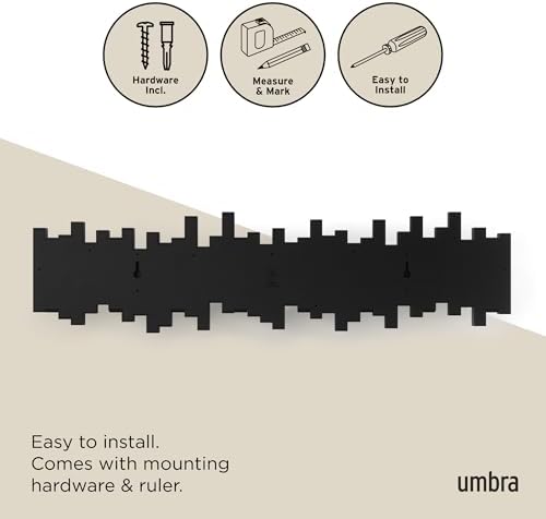 Umbra Sticks Wall Coat Rack, Wall Mount 8 Retractable Hooks, Black