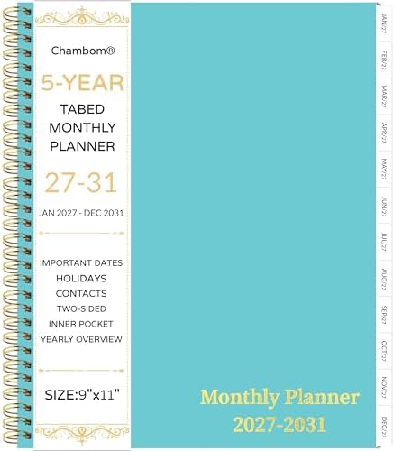 2027-2031 Monthly Planner, 5 Year Monthly Planner/Calendar 2027-2031, 60-Month Jan 2027 – Dec 2031, 9" x 11", Tabs, Double-Side Pocket, Holidays, Thick Paper - Blue