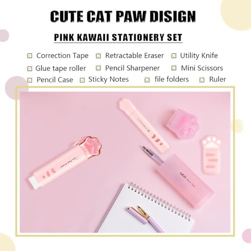 Cute School Supplies,Stationary Gift Set, Japanese Stationery Birthday GIFS, Includes Pencil Sharpener,Eraser, Correction Tape, Ruler, Mini Scissors,Utility Knife, for Office School Supplies (Pink)