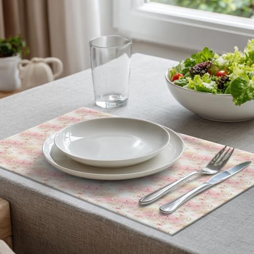 Batmerry Watercolor Cherry Blossom Linen Placemats Set of 6, Light Apricot Flowers Washable Table Mats for Kitchen Table Thickened Heat Insulation Dining Set Indoor Outdoor 12X18 in