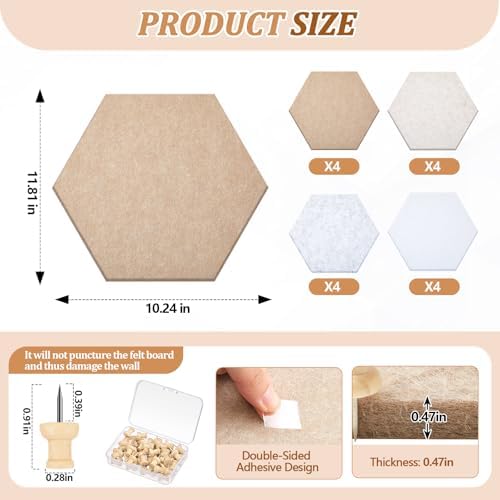 12x10 in 16 Pcs Hexagon Cork Board Tiles, Felt Pin Boards, Retro