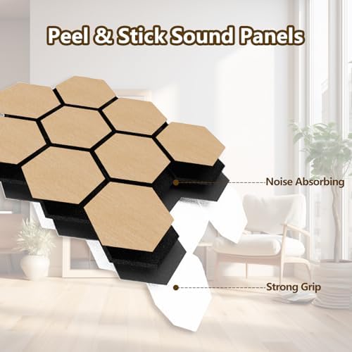 Hexagon Acoustic Wall Panels, Self-Adhesive Sound Absorbing Wall Panel by ARMURO, 4 Pack Covers 19.27 Sq Ft, Peel and Stick Noise Reducing for Home Office Studio Bedroom Wall Decor