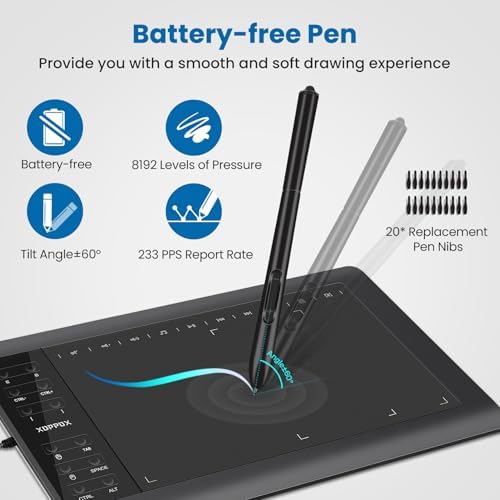 Graphics Drawing Tablet, 10×6 Inch Large Active Area with Battery-Free Stylus, 8192 Levels of Pen Pressure and 12 Hot Keys, Compatible with PC/Mac/Android for Painting, Design & Online Teaching