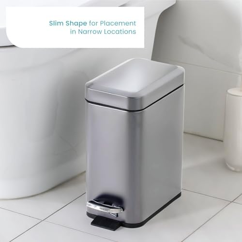 Home Zone Living 3-Pack 1.3 Gallon Small Bathroom Trash Can with Lid and Step Pedal, Stainless Steel Wastebasket with Slim Design for Home and Office, Silver, 5 Liters